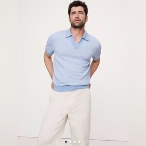 BANANA REPUBLIC Men’s Blue Cotton-Linen Johnny-Collar Sweater Polo Size L